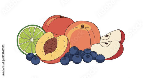 Fresh fruit mix with peaches, apples, blueberries, and lime