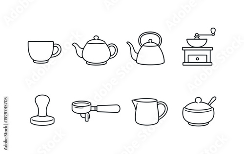 Coffee making tools: coffee cup, teapot, kettle, grinder, tamper, portafilter, milk jug, sugar bowl. . Thin consistent line stroke, outline only, minimalist