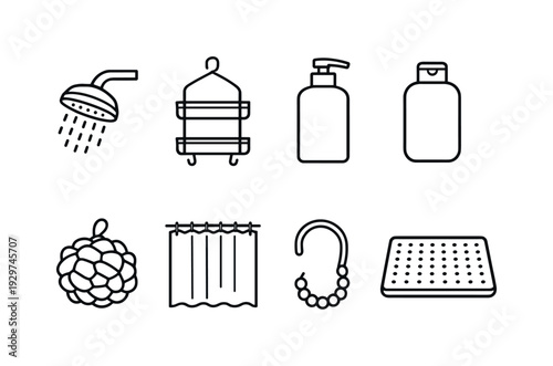 Home bathroom shower essentials: linear style shower head, shower caddy, shampoo bottle, soap bottle, loofah sponge, shower curtain, curtain hook, bath mat