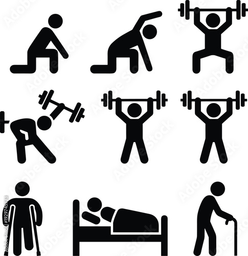 Fitness and recovery silhouette vector illustration collection, nine black icons showing exercise poses, weightlifting, injury, and rehabilitation