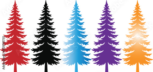 Evergreen tree vector illustration collection, five stylized colorful icons in red, black, blue, purple, and glowing orange designs