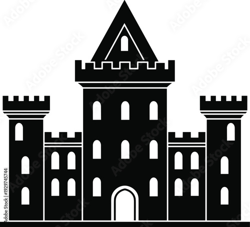 Black and white of a medieval castle with towers and battlements