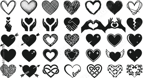 Heart icon vector illustration collection, thirty black outlined symbols showing love, romance, hands, wings, arrows, and decorative designs