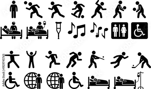 Human activity and accessibility silhouette vector illustration collection, twenty-four black icons showing sports, healthcare, rest, and universal symbols