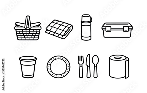 Outdoor picnic essentials: linear style picnic basket, picnic blanket, thermos flask, food container, plastic cup, paper plate, cutlery set, napkin roll