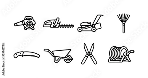Outdoor home maintenance tools: linear style leaf blower, hedge trimmer, lawn mower, garden rake, pruning saw, wheelbarrow, garden shears, hose reel