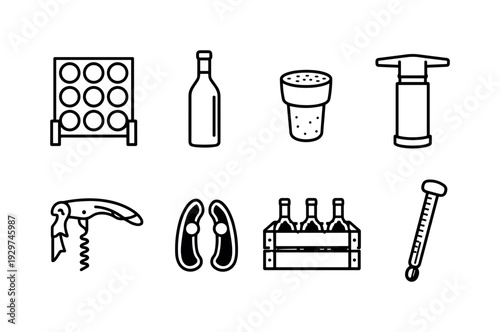 Home wine storage items: linear style wine rack, wine bottle, cork stopper, vacuum pump, bottle opener, foil cutter, wine crate, thermometer