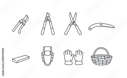 Garden pruning tools: pruning shears, lopper, hedge shears, hand saw, sharpening stone, tool holster, work gloves, collection basket. . Thin consistent line