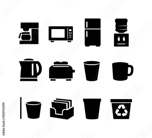Office breakroom appliances: coffee machine, microwave, refrigerator, water dispenser, electric kettle, toaster, paper cup, coffee mug, stir stick, napkin