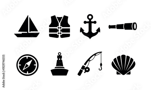 Maritime Travel in silhouette style: sailboat, life jacket, anchor, telescope, compass, buoy, fishing rod, seashell