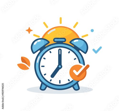 Morning routine balance and calm start of the day in a cozy domestic setting, an alarm clock combined with a sun icon representing gentle wake up and structured