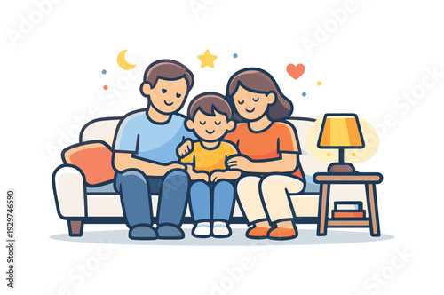 Quiet family evening centered on emotional closeness and rest at the end of the day, a child sitting between two adults on a sofa with a soft table lamp