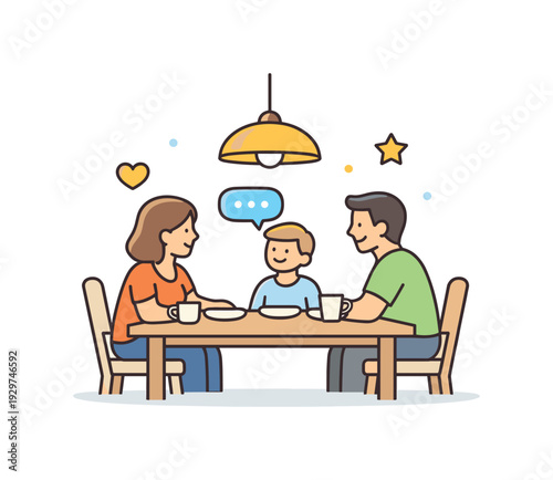 Calm family evening centered on togetherness and gentle conversation after daily responsibilities, a dining table with simple plates and three chairs paired