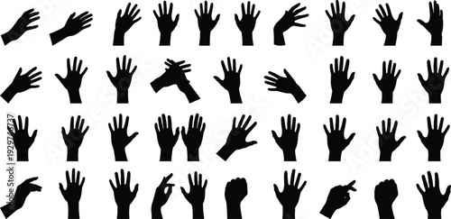 Set of various human hand silhouettes showing diverse gestures including open palms and reached fingers for communication and sign language vector design
