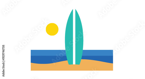 Vibrant surfboard standing on sunny beach by ocean waves
