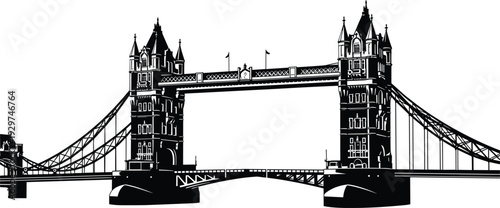 Black and white of tower bridge with visible suspension cables and architectural details suspension bridge
