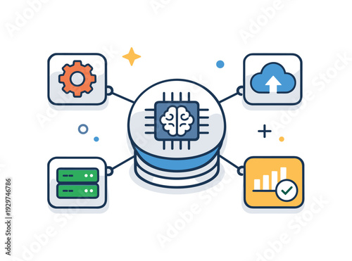 AI orchestration layers and intelligent system coordination for complex digital products running multiple services smoothly, a central hub node connected to a