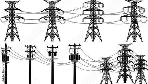 Black and white of various electrical transmission towers and utility poles with power lines electrical towers