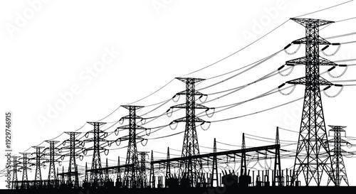 Black and white silhouette of a series of power transmission towers with electrical lines extending into the distance