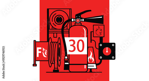 Fire safety equipment illustration with fire extinguisher and alarm