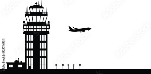 Black and white silhouette of an airport control tower with an airplane flying nearby and several small structures on the ground