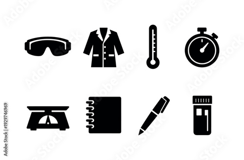 Manufacturing quality lab tools in silhouette style: safety goggles, lab coat, thermometer, stopwatch, weighing scale, notebook, pen, sample vial