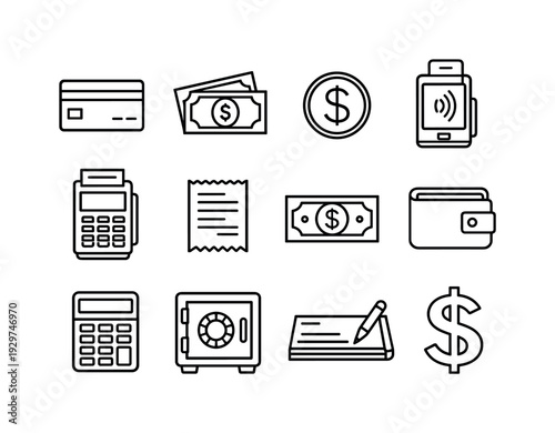 Payment Processing in linear style: credit card, cash, coin, mobile payment device, POS terminal, receipt, banknote, wallet, calculator, safe, checkbook, dollar
