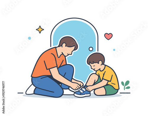 Everyday family care expressed through quiet supportive moment in daily home life, a parent gently sitting beside a child tying shoelaces near a simple door