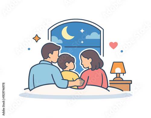 Calm family evening centered on rest and emotional closeness at the end of the day, two adults and a child sitting together near a window with soft night sky
