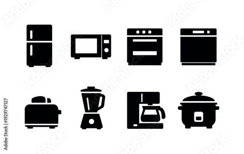 Home kitchen appliances: refrigerator, microwave, oven, dishwasher, toaster, blender, coffee maker, rice cooker