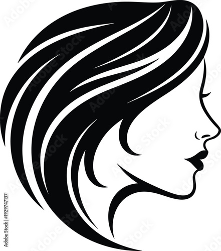 Elegant woman profile silhouette with flowing wavy hair vector illustration for beauty salon branding hair care products and female fashion identity design