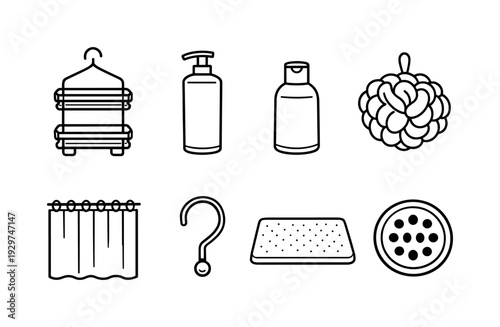 Home bathroom shower accessories: linear style shower caddy, shampoo bottle, soap bottle, loofah sponge, shower curtain, curtain hook, bath mat, drain cover