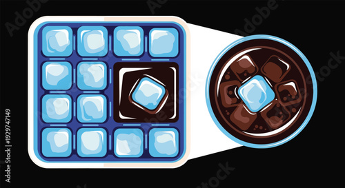 Refreshing cold soda with ice cubes in glass and tray