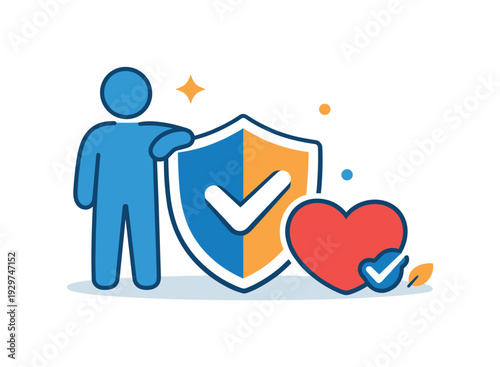 Trust-building leadership and supportive management in modern teams, a human figure standing beside a shield and a heart icon representing care, stability, and
