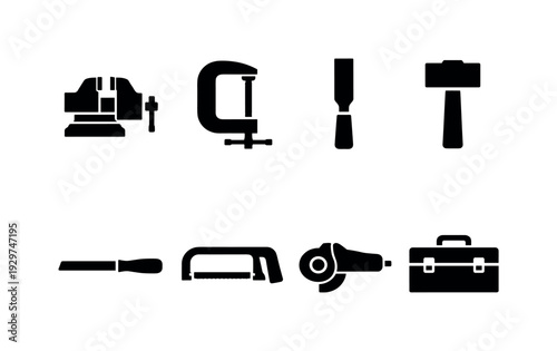 Workshop tools: bench vise, clamp, chisel, mallet, file, hacksaw, angle grinder, toolbox
