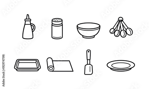 Home healthy snack prep tools: linear style oil bottle, spice jar, mixing bowl, measuring spoon, baking tray, parchment paper, spatula, serving plate