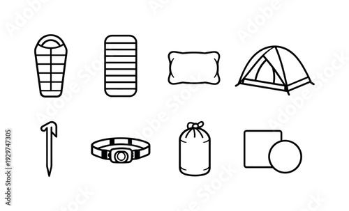 Outdoor camping sleeping gear: linear style sleeping bag, sleeping pad, camping pillow, tent, ground stake, headlamp, stuff sack, repair patch