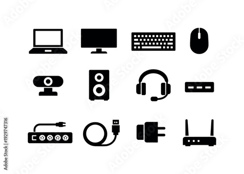 Home office electronics: laptop, monitor, keyboard, mouse, webcam, speaker, headset, USB hub, power strip, charging cable, wall charger, router