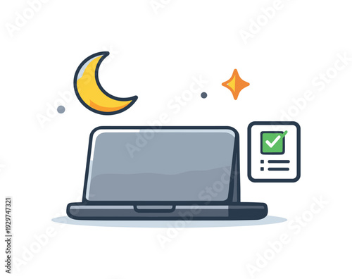 Healthy evening shutdown routine and intentional transition from work to rest, a closed laptop paired with a moon icon and a small checklist symbolizing