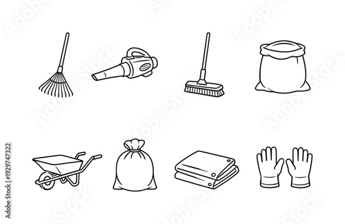 Garden leaf cleanup tools: leaf rake, leaf blower, garden broom, collection bag, wheelbarrow, compost sack, tarp sheet, work gloves. . Thin consistent line