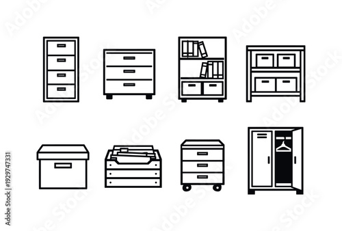 Professional office storage furniture: linear style filing cabinet, drawer unit, bookshelf, storage shelf, archive box, document crate, mobile pedestal, coat