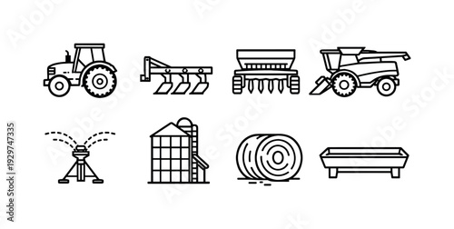 Farm machinery: linear style tractor, plow, seed drill, harvester, irrigation sprinkler, grain silo, hay bale, feed trough