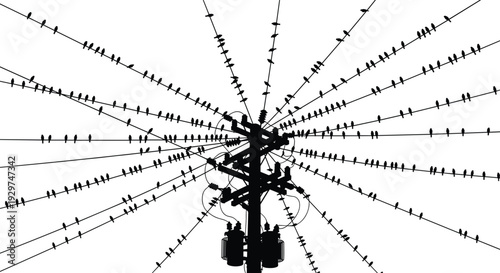 Black and white abstract of a central figure with radiating lines and barbed wire patterns
