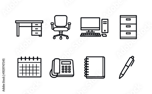 Office Essentials in linear style: desk, chair, computer, filing cabinet, calendar, telephone, notebook, pen