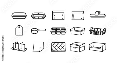 Home freezer lasagna storage items: linear style lasagna container, aluminum tray, freezer bag, vacuum bag, clip seal, label tag, measuring scoop, freezer tray,