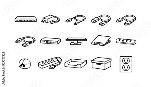 Office desk shared docking station: linear style laptop dock, power adapter, charging cable, HDMI cable, USB cable, Ethernet cable, USB hub, monitor stand,