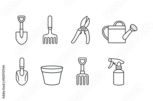 Garden basic hand tools set: garden shovel, hand rake, pruning shears, watering can, soil scoop, plant pot, garden fork, spray bottle. . Thin consistent line