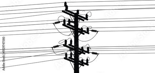 Black and white of a utility pole with multiple power lines and insulators attached electrical wires