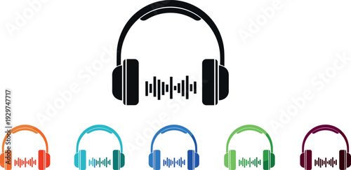 Headphones and Audio Wave Icon Set with Colorful Music Sound Symbols for Media Streaming Podcasts Recording and Modern Vector Design
