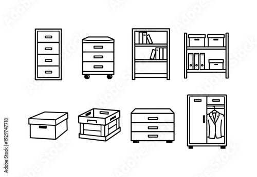 Professional office filing furniture: linear style filing cabinet, mobile pedestal, bookshelf, storage shelf, document box, archive crate, drawer unit, coat